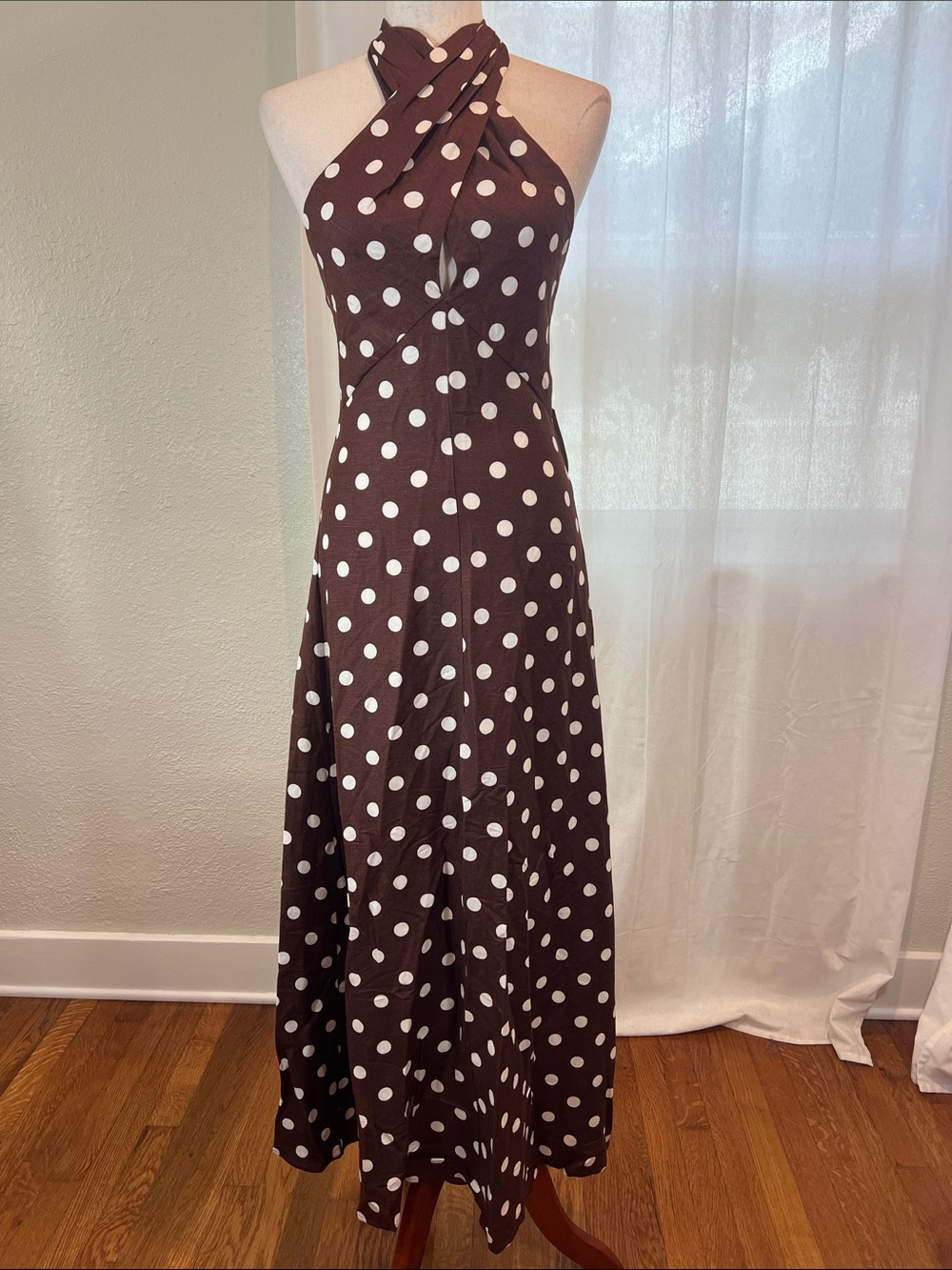 O.p.t. Noelle Brown Polka Dot Halter Linen Maxi Dress. Size XS. NWT